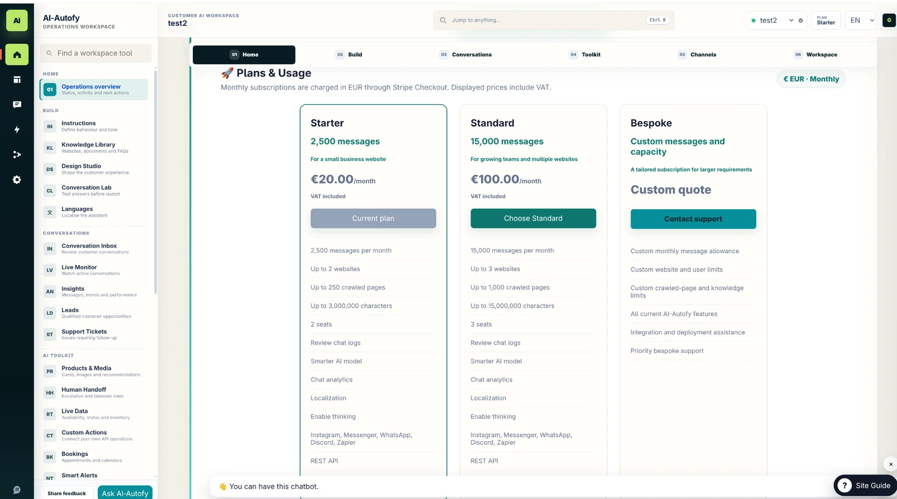 AI-Autofy customer workspace showing subscription plans and monthly usage